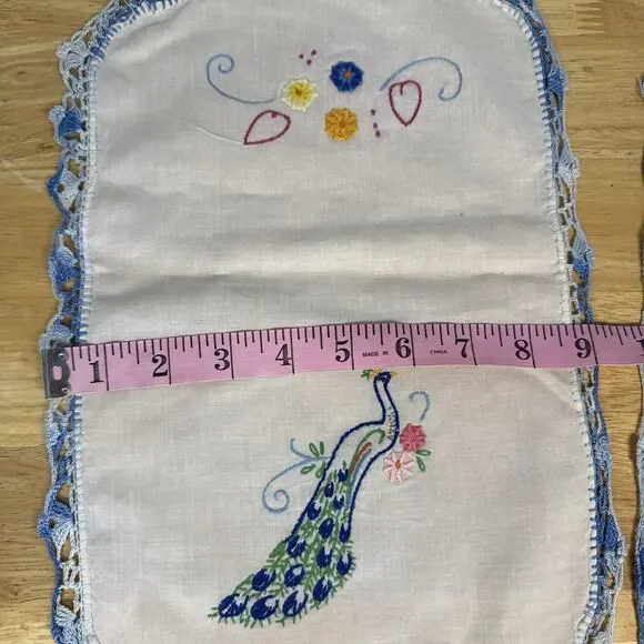 VTG Embroidered White Dresser Scarf Table Peacock Bird Flowers 39x14 Set Of 4 - Picture 14 of 16